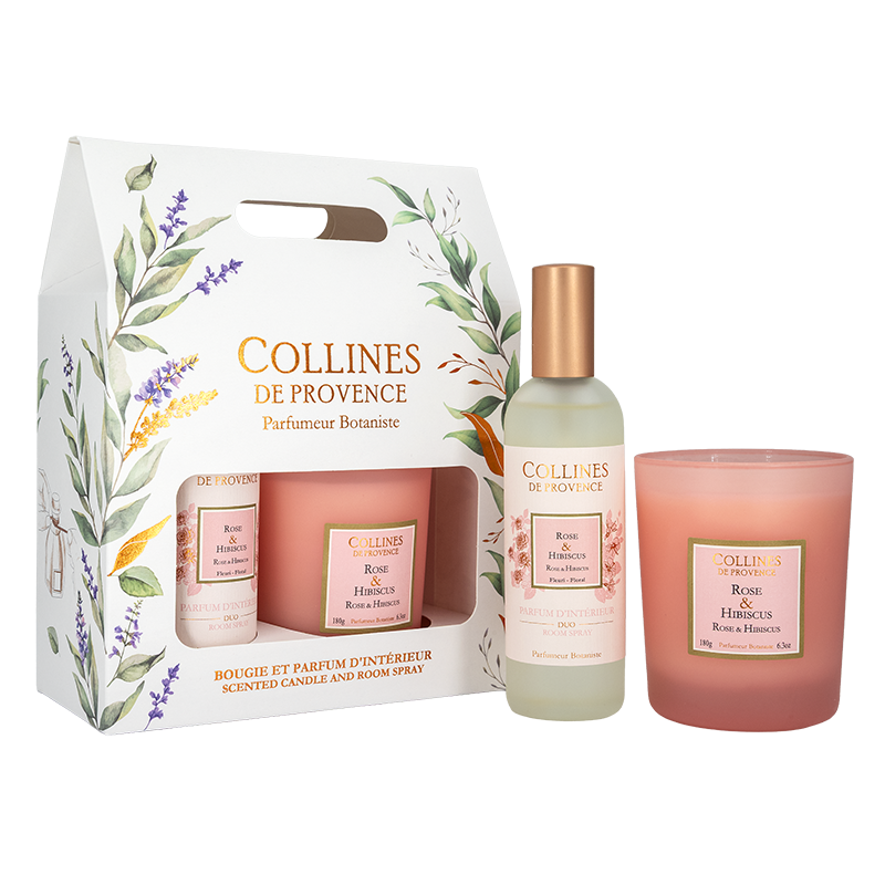 Kerze 180 g & Raumduft-Geschenkset – Rose & Hibiskus